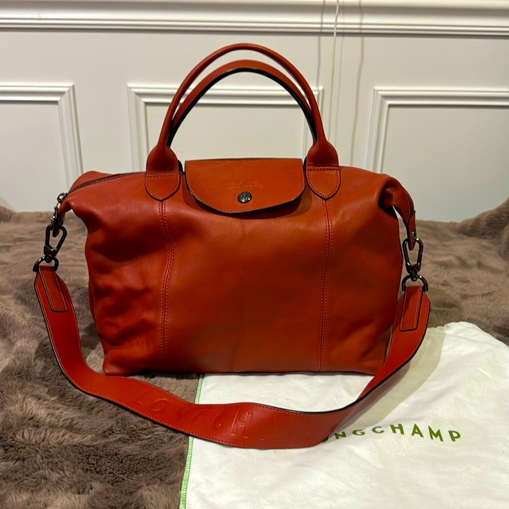 Longchamp Pliage red leather bag